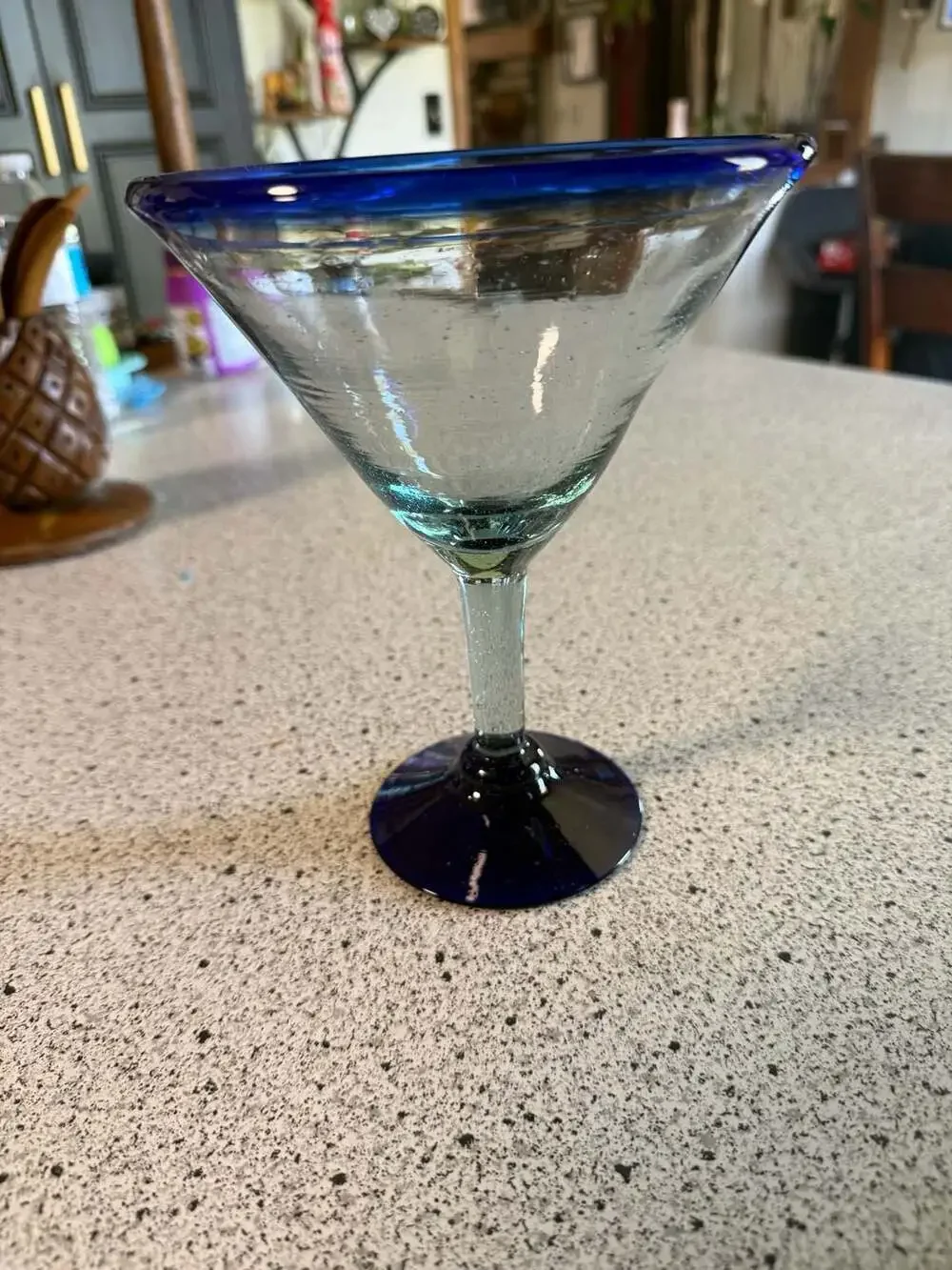 Set of 2 Hand Blown Mexican Margarita Martini Glasses w/ Cobalt Blue Rim n Base